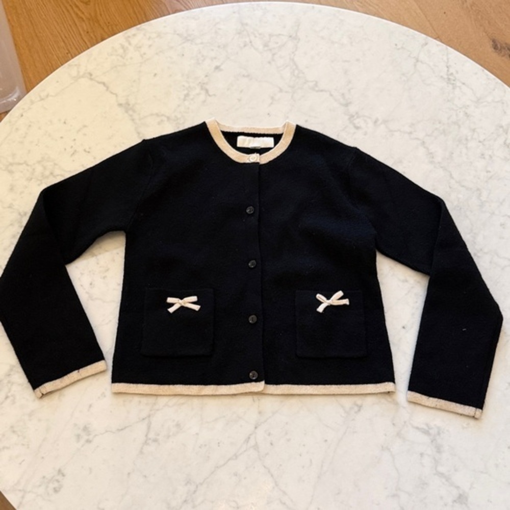 Zara Girls Black Cream Bow Pocket Knit Cardigan Size 12